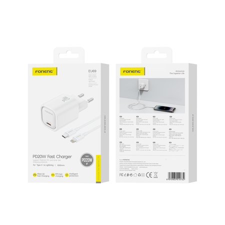 FONENG ładowarka sieciowa EU69 PD 20W 1xUSB-C + kabel USB-C - Lightning Biały