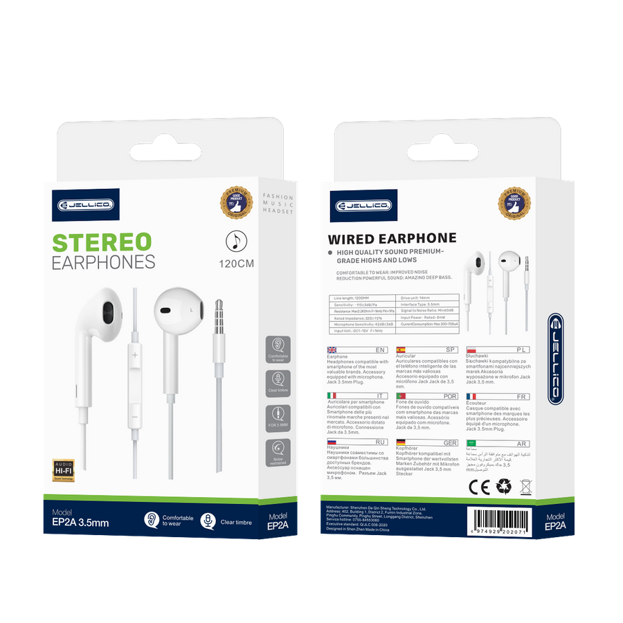 JELLICO wired earphones EP2A JACK 3.5MM with microphone 1.2M White