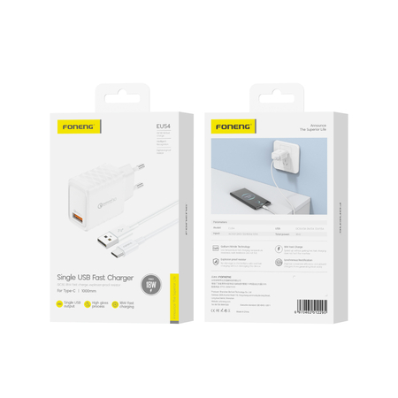 FONENG ładowarka sieciowa EU54 18W 1xUSB QC3.0 + kabel USB-C Biały