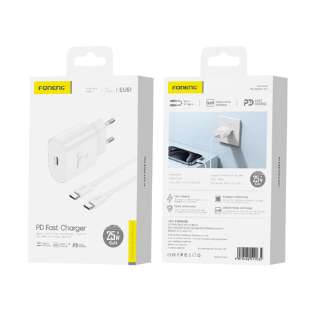 FONENG ładowarka sieciowa EU51 GaN PD 25W 1xUSB-C + kabel USB-C - USB-C Biały