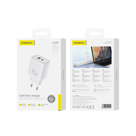 FONENG ładowarka sieciowa EU67 PD 45W 1xUSB-C + 1xUSB QC3.0 Biały