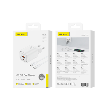 FONENG ładowarka sieciowa EU70 PD 20W 1xUSB-C + 1xUSB QC3.0 + kabel USB-C - USB-C Biały