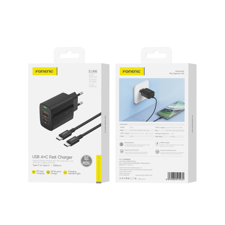 FONENG ładowarka sieciowa EU66 PD 20W 1xUSB-C + 1xUSB QC3.0 + kabel USB-C - USB-C Czarny