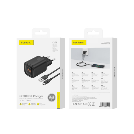 FONENG ładowarka sieciowa EU68 18W 1xUSB QC3.0 + kabel USB-C Czarny