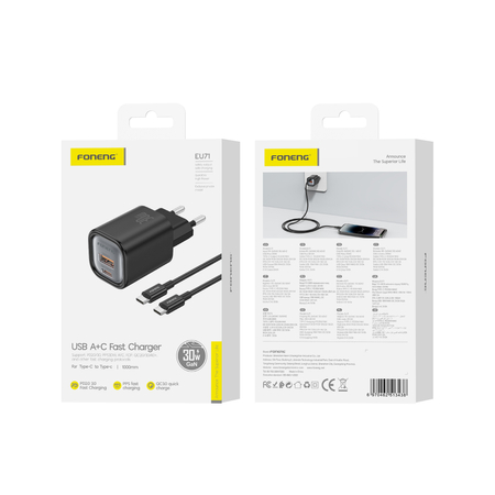 FONENG ładowarka sieciowa EU71 PD 30W 1xUSB-C + 1xUSB QC3.0 + kabel USB-C - USB-C Czarny