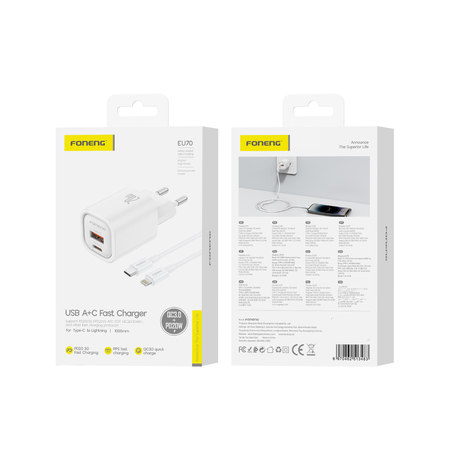 FONENG ładowarka sieciowa EU70 PD 20W 1xUSB-C + 1xUSB QC3.0 + kabel USB-C - Lightning Biały