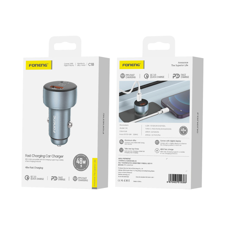 FONENG ładowarka samochodowa C18 PD 48W 1xUSB-C + 1xUSB QC3.0 Srebrny