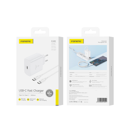 FONENG ładowarka sieciowa EU62 GaN PD 45W 1xUSB-C + kabel USB-C - USB-C Biały